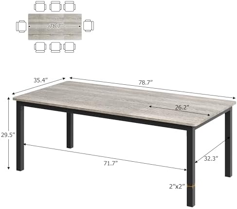 GarveeHome 78in Industrial Dining Table for 6-8 People, Long Kitchen Table