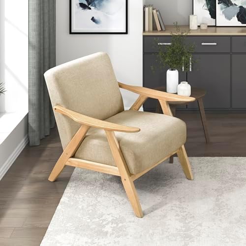 Lexicon Mid Century Modern Accent Chair, Natural Wood Frame, Light Brown