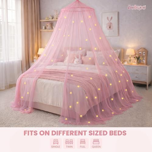 Bollepo Pink Bed Canopy for Girls with Glowing Stars - Premium Canopy Bed | Fits Single, Twin, Full, Queen Size Kids Bed, Princess Netting Room Decor, Ceiling Tent to Cover Toddler, Canopy for Bed