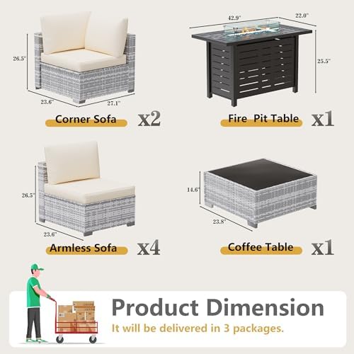 LOUVIXA 8 Piece Outdoor Patio Furniture Set, Outdoor Sectional Sofa with Firepit Table, Wicker Rattan Patio Furniture, Patio Conversation Set with Coffee Table & Cushions