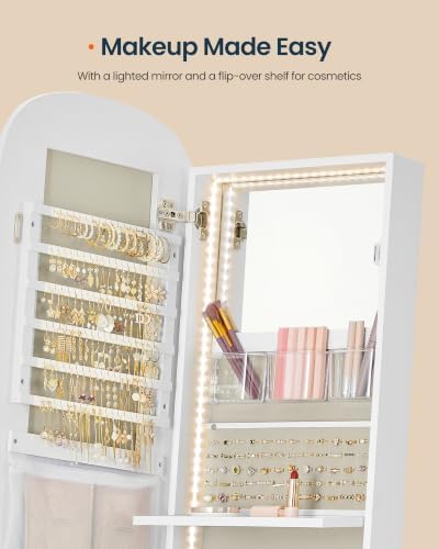 SONGMICS HOME 360° Swivel Jewelry Cabinet Standing, Mirror with Storage | Lockable Jewelry Armoire with Vanity and Rear Shelves, Full Length Floor Mirror with Storage, Cloud White UJJC036W01SH