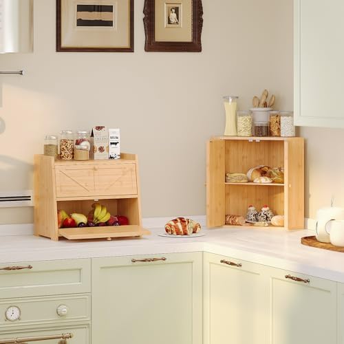 Trironsun Corner Bread Box for Kitchen Counter Double Layer Bamboo Bread Storage Container Large Capacity Bread Storage Bin Farmhouse Breadbox Organizer (Bamboo Natural)