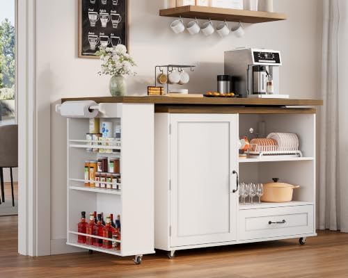 RALGEND Rolling Kitchen Island with 360° Swivel Tabletop, Large Kitchen Island Table with Power Outlet, Mobile Kitchen Island Cart with Storage Cabinets for Kitchen & Office, White and Walnut