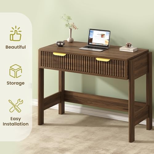34 Inch Small Fluted Computer Desk with Drawer for Bedroom, Home Office
