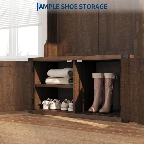 Garvee 77" H Farmhouse Hall Tree with Bench & Shoe Storage, Coat Rack