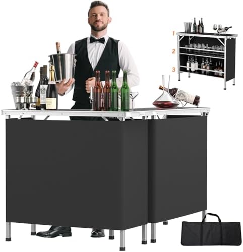 VINGLI 43" Portable Bar Table, 3-Tier Shelves, Mobile Bar Table for Events, Party, Camping, Picnic, Tradeshow, Indoor with Black Skirt (2, 43")