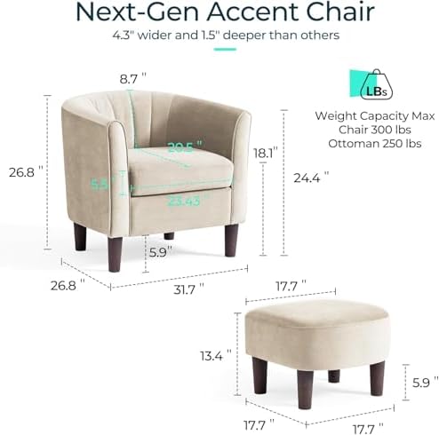 LINSY Accent Chair with Ottoman, Modern Armchair Comfy Barrel Reading Chair with Footrest for Living Room Bedroom Reading Room, Velvet, Cream