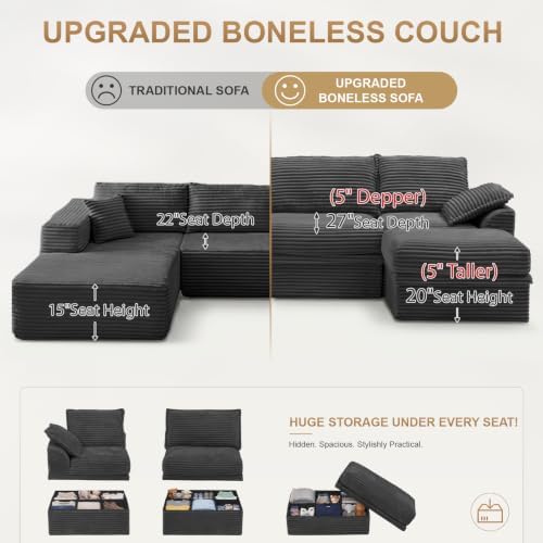 Upgraded Boneless Couch with Storage, Sectional Couches for Living Room, L-Shaped Modular Cloud Corduroy Sofa with Ottoman & Pillows, Oversized Deep Seat Memory Foam Couch, No Assembly(Gray, 107" L)