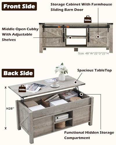 OKD 48" Farmhouse Lift Top Coffee Table Sliding Barn Door, Light Rustic Oak