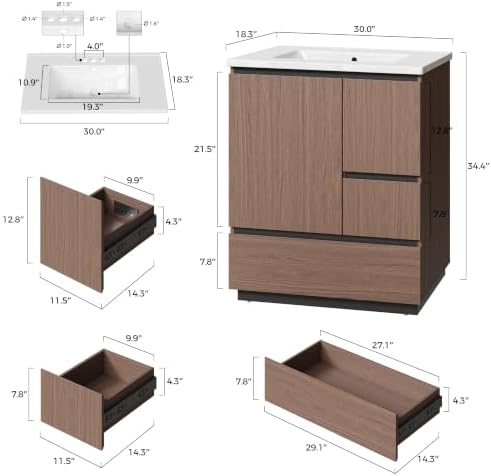 IRONCK 30-Inch Bathroom Vanity with Ceramic Sink, Modern (Walnut Brown) | Power Outlet | Freestanding | Divided storage | Hiddle Handle | Soft-Close Hinges