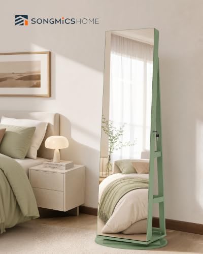 SONGMICS HOME Standing Jewelry Armoire, Full Length Mirror with Storage | Lockable Jewelry Cabinet with 6 LED Lights, Built-in Vanity, Laurel Green Surface, Cream White Lining UJJC007C01SH