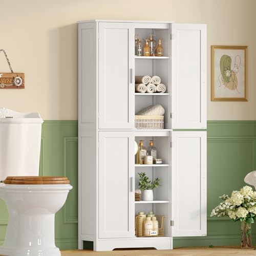 TEENFON 67” Storage Cabinet, Kitchen Pantry Cabinet with 4 Doors and 2 Adjustable Shelves, Cupboard, Tall Bathroom Cabinets for Dining Room, Living Room, White