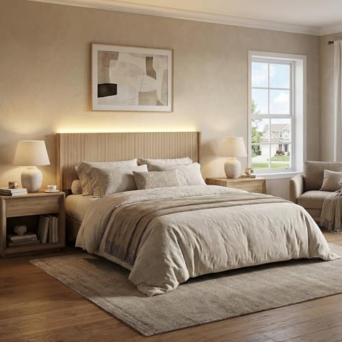 Queen Size Headboard Only, Modern Fluted Wall-Mounted Head Board with Lighting, Boho Wood Bed headboard Stylish Bedroom Decor, Natural
