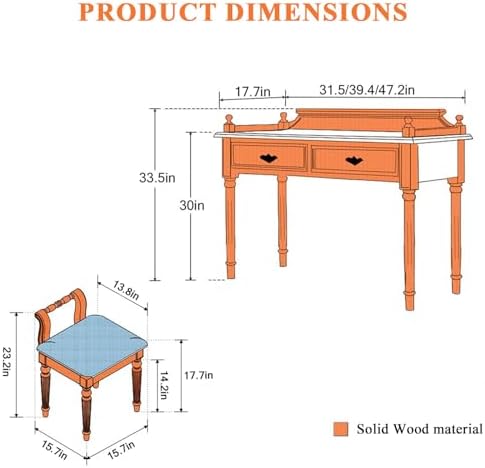 Mid Century Modern Desk with Baffle and Drawers, Vintage Solid Wood Writing Desk Stool Set for Small Space, Bedroom, Living Room, Makeup Vanity Console Table (Without Chair,47.2in(120cm))