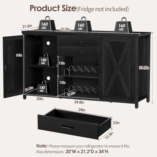 Leteuke Coffee Bar Cabinet with 2 Fridge Space, 70.8" Large Wine Cabinet