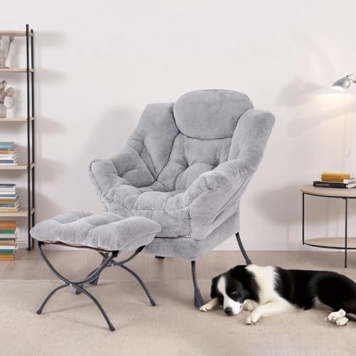 Tiita Lazy Chair with Ottoman, Comfy Reading Accent Chair, Plush Light Grey