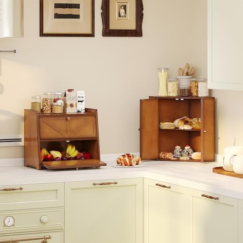 Trironsun Corner Bread Box for Kitchen Counter Double Layer Bamboo Bread Storage Container Large Capacity Bread Storage Bin Farmhouse Breadbox Organizer (Antique Brown)