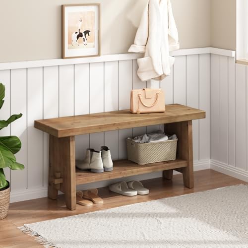 HOKYHOKY Wood Entryway Bench - 39.4" Farmhouse Long Storage Bench, Indoor