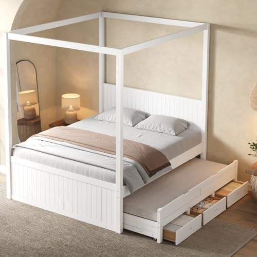 SANOFI Queen Size Wood Canopy Bed with Twin Size Trundle, White