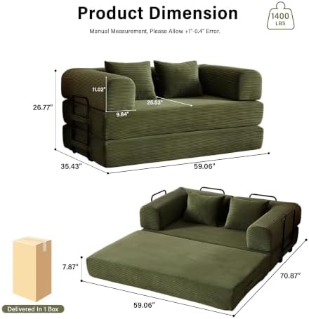 59" Convertible Sofa Bed, Boneless Sleeper Futon Couch for Small Spaces