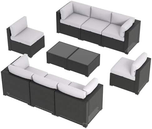 Aoxun 10 Piece Patio Furniture Set Wicker Rattan Patio Sectional Sofa Set Outdoor Seating Furniture with Thickened Cushion, Light Gray