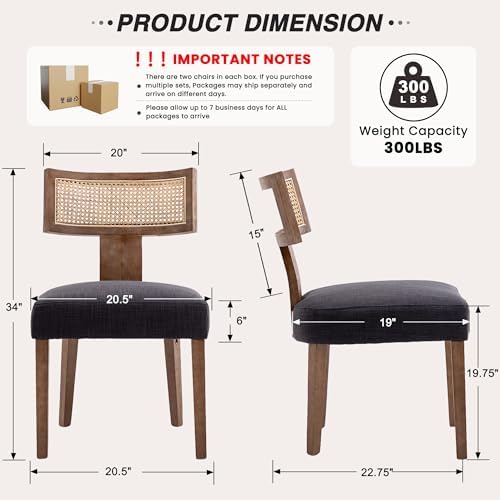 HNY Mid Century Modern Rattan Dining Chairs Set of 2, Farmhouse Linen Upholstered Accent Chair Curved Backrest Kitchen Chairs, with Hardwood Frame, Charcoal