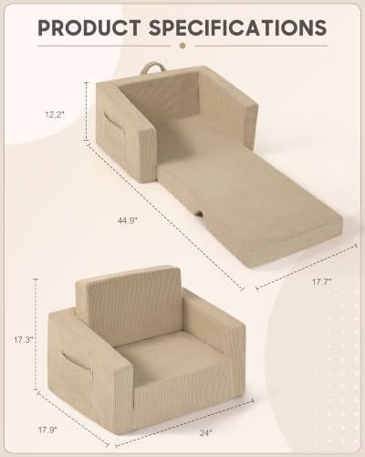 2-in-1 Kids Chair and Couch, Larger Cozy Corduroy Kids Sofa, Beige