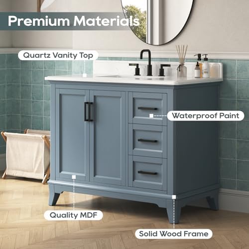 42 Inch Bathroom Vanity with Sink, Solid Wood, Steel Blue | Freestanding Single Sink Bathroom Vanity, Fully Assembled Bathroom Storage Cabinet with Soft Close Doors & Dovetail Drawers