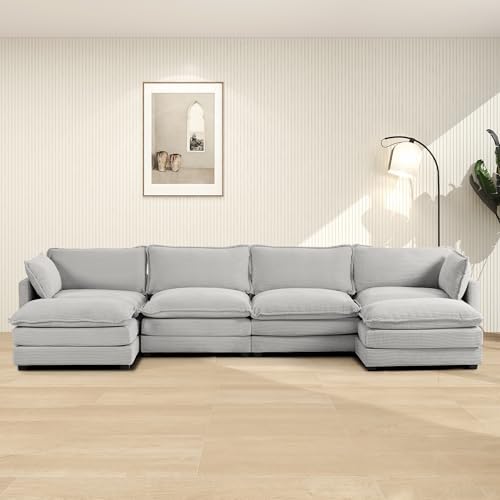 ROWHY 148'' Modular Sectional Cloud Couch with 2 Movable Ottomans, Oversized 6 Seat Modern Corduroy Sofas, Deep Seat U Shaped Couch for Living Room Bedroom Apartment, Light Grey