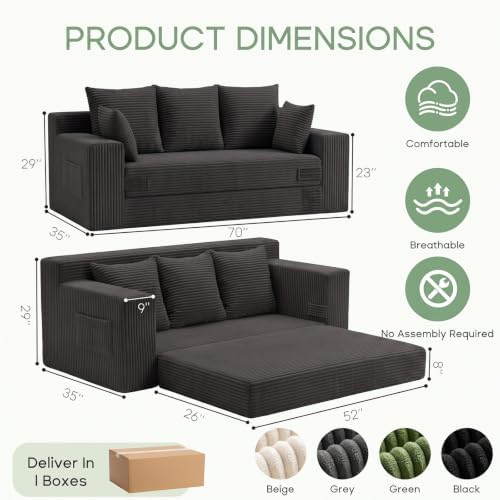 Boneless Couch for Living Room, 3 Seater Convertible Sofa Bed in A Box, Folding Pull Out Couch with Comfy Corduroy, Loveseat Sleeper Floor Sofa with 5 Pillows, No Assembly Required, Black