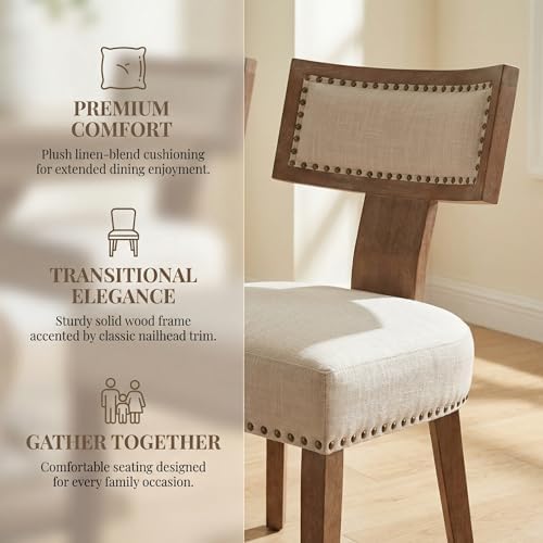 HNY Mid Century Modern Dining Chairs Set of 2, Farmhouse Linen Fabric Upholstered Accent Chairs Curved Nailhead Trim Backrest Kitchen Chairs, with Hardwood Frame, Beige