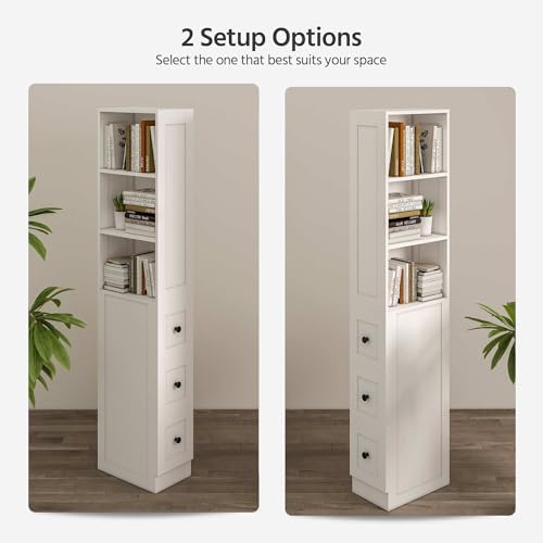 Tall Narrow Bathroom Storage Cabinet, 67" Floor Cabinet with 2-Way Reversible Door & 3 Drawers, Narrow Pantry Linen Tower with Adjustable Shelves for Small Space, Kitchen, Laundry, White