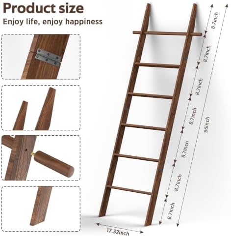 Farmhouse Wooden Blanket Ladder with Removable Hooks Brown 6-Tier
