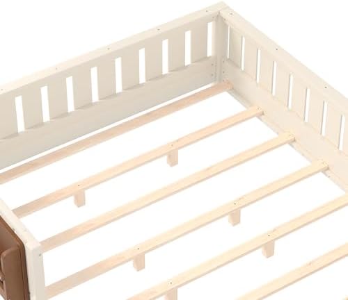 Queen Size Montessori Floor Bed with Bookshelf, Guardrail and Slats, Beige