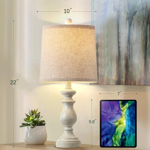 PARTPHONER Traditional Table Lamp Set of 2, Rustic Farmhouse Table Lamps for Living Room Bedroom, 22" Bedside Desk Lamps Vintage Nightstand Lamps with Linen Shades, Antique White