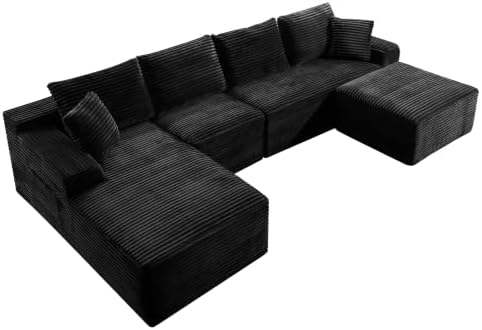 135-Inch U-Shaped Compressed Cloud Sofa Modular Boneless Cloud Sectional Sofa W/Left Facing Chaise Lounger and Ottoman, Oversized Plush Corduroy Corner Boneless Foam Couches