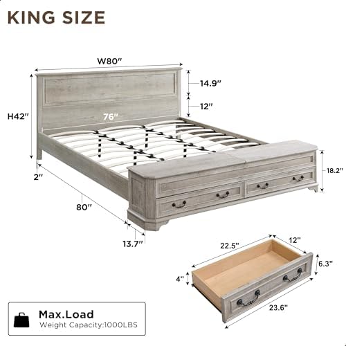 T4TREAM Farmhouse King Bed with Headboard and Storage Bench