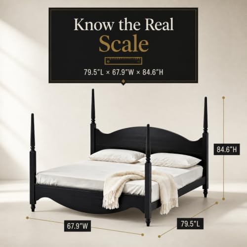 Brixton King Solid Pine Wood Four-Poster Bed, Arched Headboard, Black