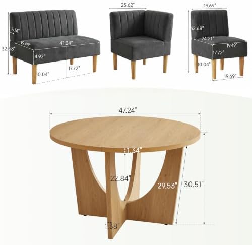 Round Dining Table Set with Loveseat & Chairs, 47 Inch Farmhouse 5-Piece Round Table Setting for 4 to 6, Wood Circle Table and Chairs Set for Kitchen,Breakfast Nook, Indoor Conversational Seating