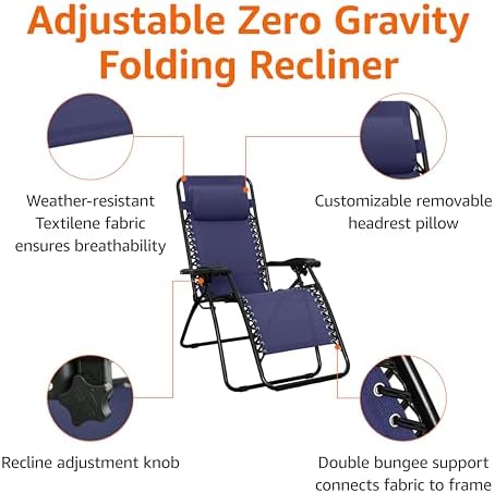 Amazon Basics Zero Gravity Lounge Chair with Pillow, Foldable Outdoor Reclining Chair for Patio and Beach, Weather-Resistant Textilene, 300 lb Capacity, 26", Navy Blue