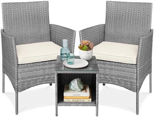 Best Choice Products 3-Piece Outdoor Wicker Conversation Bistro Set, Space Saving Patio Furniture for Garden w/Side Table - Gray/Cream