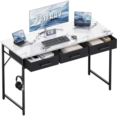 Pamray 47 Inch Small Computer Desk with 3 Drawers for Bedroom Study Writing Home Office Table for Small Spaces Marble