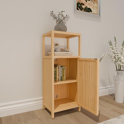 41" Tall Bamboo Storage Cabinet, Slim Freestanding Floor Organizer with Single Door & Open Shelf, Narrow Linen Tower for Bathroom, Bedroom, Kitchen, Laundry Room, Pantry, Small Space Storage Solution
