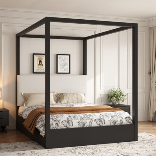 Queen Size Canopy Bed with Upholstered Headboard (Black)