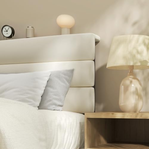 Fluest Full Bed Frame, Platform Bed Frame with Velvet Upholstered Headboard, No Box Spring Needed, Sturdy Metal Support, Noise Free, Easy Assembly, Modern Bedroom Furniture, Beige