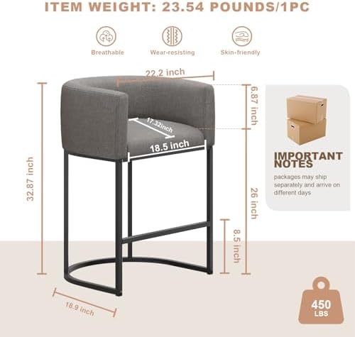 26" H Counter Height Bar Stools Set of 2, Modern Barrel Counter Stools with Backrest and Arms, Linen Fabric Upholstered Accent Barstools for Kitchen Island,Support 450 LBS (Gray)