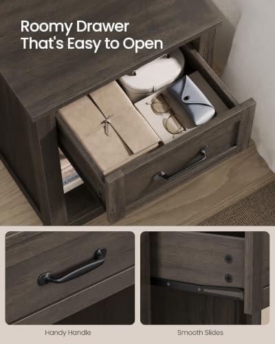 VASAGLE Farmhouse Nightstand with Charging Station, Drawer