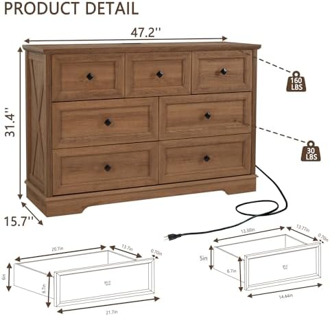 Farmhouse 7 Drawers Dresser for Bedroom with Charging Station,Wood Dressers