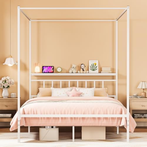 Queen Canopy Bed Frame with Storage Headboard Minimalist 4 Posters Bed