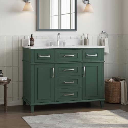 42 Inch Green Bathroom Vanity with Sink, Pre Assembled | Freestanding Solid Wood Bathroom Vanities with 2 Soft Close Doors & 5 Dovetail Drawers, 0.78" Stone Top, Backsplash